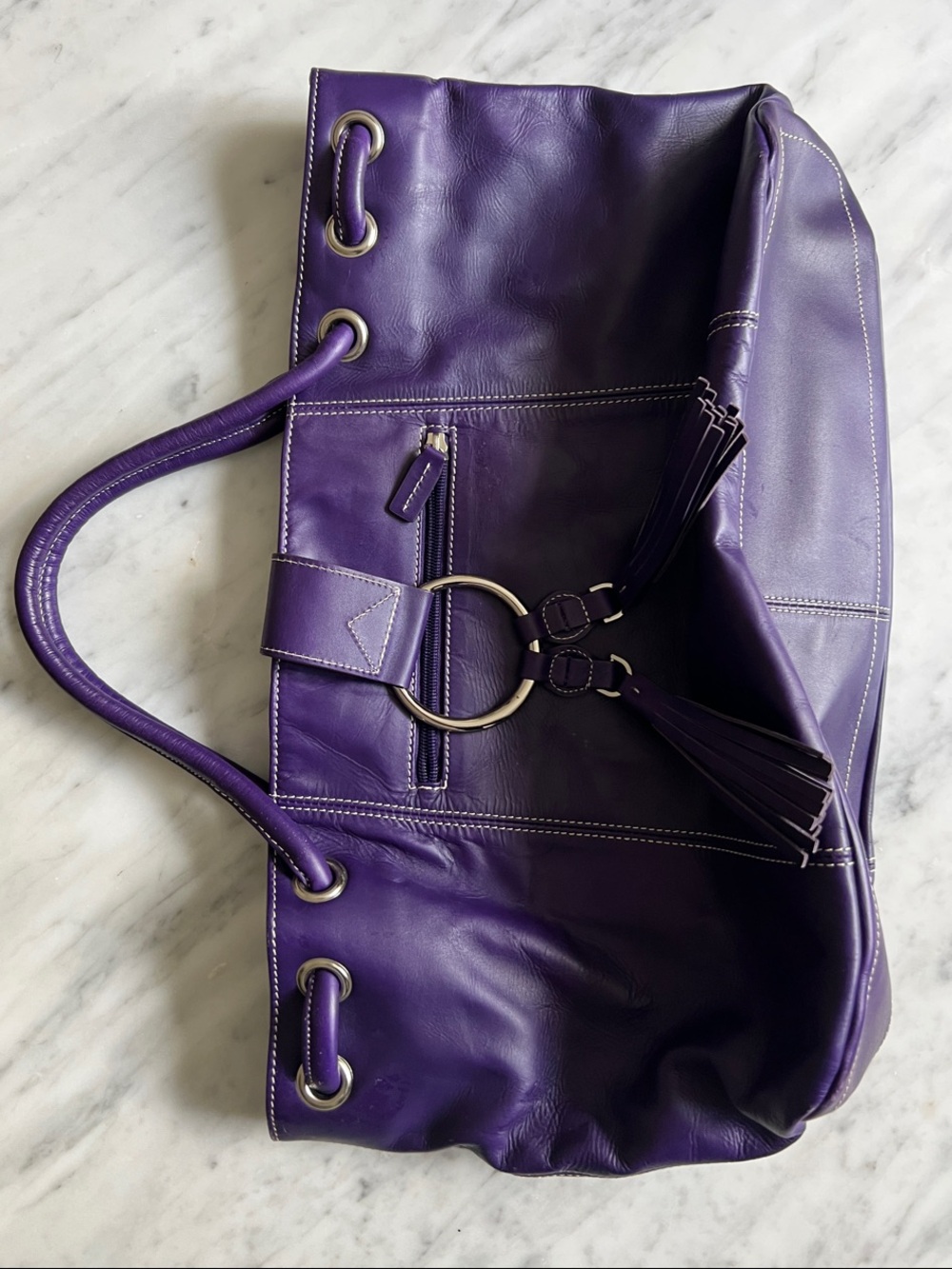 Soprano Purple Leather Shoulder Tote with Tassel Ring